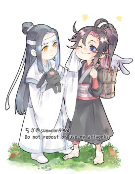 2boys aged_down ahoge animal backpack backpack_basket bag barefoot basket black_hair black_hanfu black_rabbit_(animal) blue_eyes blush boots bug butterfly chibi chibi_only child chinese_clothes closed_mouth couple dirty dirty_clothes dirty_face full_body grass grey_sash hair_ribbon handkerchief hanfu headband high_ponytail holding holding_animal holding_handkerchief holding_rabbit holding_strap insect lan_wangji long_hair long_sleeves looking_at_another male_focus modao_zushi mouth_hold multicolored_hair multiple_boys one_eye_closed pants parted_bangs ponytail rabbit red_ribbon red_sash ribbon robe sash sidelocks simple_background sleeves_past_wrists smile stalk_in_mouth standing sunmoon9994 topknot twitter_username very_long_hair wei_wuxian white_background white_boots white_hanfu white_headband white_rabbit_(animal) wide_sleeves wiping_face yaoi yellow_butterfly yellow_eyes