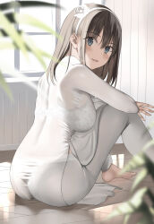 Rule 34 | 1girl, ass, barefoot, blue eyes, blue hairband, blurry, blurry foreground, blush, bra visible through clothes, breasts, brown hair, commentary request, day, dress, feet, flower, from side, hair between eyes, hair flower, hair ornament, hairband, highres, indoors, knees up, kureha (ironika), large breasts, long hair, long sleeves, looking at viewer, original, panties visible through clothes, pants, parted lips, plant, rose, sitting, smile, solo, tile floor, tiles, tsubasa (kureha), turning head, vietnamese clothes, vietnamese dress, white dress, white flower, white pants, white rose, window