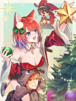 1boy 2girls absurdres animal_ears antlers atelier_(series) atelier_resleriana atelier_resleriana:_the_red_alchemist_&amp;_the_white_guardian bell braid breasts brown_eyes carrying character_request christmas_ornaments christmas_star christmas_tree cleavage collarbone commentary english_commentary fairy fingernails highres horns jewelry jingle_bell large_breasts multiple_girls necklace official_art open_mouth orange_hair piggyback purple_eyes red_nails reindeer_antlers rias_eidreise santa_costume short_hair side_braid slade_clauslyter smile wide_sleeves