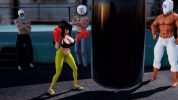 1girl 3d animated animated_gif bouncing_breasts boxing boxing_gloves boxing_ring breasts cleavage iwara_(posuimianju) jiggle kicking large_breasts looping_animation midriff posuimianju punching punching_bag sandbag slow_motion