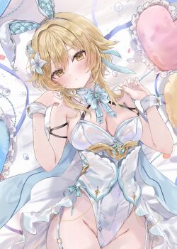 1girl alternate_costume animal_ear_hairband animal_ears blonde_hair blush breasts cleavage commentary_request fake_animal_ears fingernails flower genshin_impact hair_between_eyes hair_flower hair_ornament hairband hands_up highleg highleg_leotard highres leotard looking_at_viewer lumine_(genshin_impact) maruro medium_breasts playboy_bunny rabbit_ears short_hair_with_long_locks white_flower white_hairband white_leotard white_wrist_cuffs wrist_cuffs yellow_eyes
