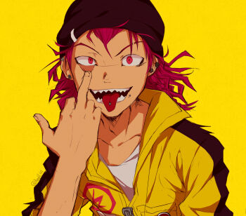 1boy akanbe anah_41 beanie black_hat collared_jumpsuit commentary danganronpa_(series) danganronpa_2:_goodbye_despair eyelid_pull hat jumpsuit long_hair male_focus middle_finger piercing pink_hair red_eyes sharp_teeth shirt simple_background sketch smile soda_kazuichi solo teeth tongue tongue_out tongue_piercing upper_body white_shirt yellow_background yellow_jumpsuit
