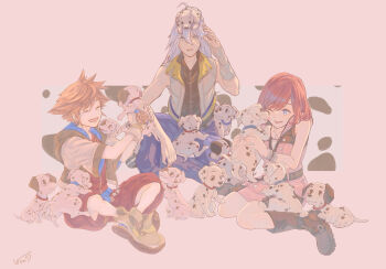 101_dalmatians 1girl 2boys :d animal animal_collar animal_on_head belt black_shirt blue_collar blue_eyes brown_footwear brown_hair closed_eyes collar commentary_request dalmatian denim dog dress fingerless_gloves gloves highres holding holding_animal jacket jeans kingdom_hearts kingdom_hearts_ii long_hair medium_hair multiple_boys on_head one_eye_closed open_clothes open_jacket open_mouth pants pink_dress red_collar red_hair shirt shoes short_hair sitting sleeveless smile sneakers twilight_yuuhi white_gloves white_hair white_jacket yellow_shoes