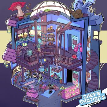 absurdly_detailed_composition absurdres alchemy barrel black_hair box building cashier cauldron chair coal dated desk drawing_(object) highres interior jar lantern leaning lights loaded_interior mrcarlkarlson mushroom original plant potion potted_plant pulley robot rope scenery scroll shelf shop silk spider_web stairs star_(symbol) table wet_floor wet_floor_sign