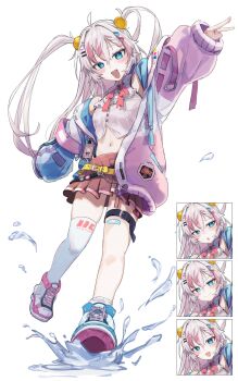 1girl :d absurdres ahoge arms_up asymmetrical_legwear badge bandaid bandaid_on_leg bandaid_on_thigh belt black_belt blue_eyes blue_jacket blush braid braided_bangs bright_pupils button_badge buttons closed_mouth collared_shirt commentary_request commission cropped_shirt from_below hair_between_eyes hair_intakes hair_ornament head_tilt highres id_card indie_virtual_youtuber jacket long_hair long_sleeves looking_at_viewer looking_down midriff miniskirt mismatched_legwear multicolored_hair multicolored_jacket multiple_expressions navel neck_ribbon off_shoulder open_clothes open_jacket open_mouth outstretched_arms panty_straps pink_belt pink_jacket red_ribbon red_skirt red_streaks ribbon shirt shoes simple_background single_sock single_thighhigh skeb_commission skindentation skirt sleeveless sleeveless_shirt sleeves_past_wrists smile sneakers socks splashing standing standing_on_one_leg streaked_hair teeth thigh_belt thigh_strap thighhighs two_side_up upper_teeth_only ushio_ebi v virtual_youtuber white_background white_hair white_jacket white_pupils white_shirt white_shoes white_socks white_thighhighs yellow_belt yuma-zusuki