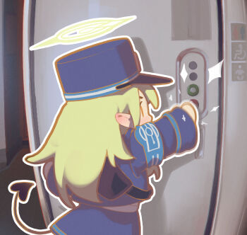 Rule 34 | 1girl, absurdres, armband, blue archive, blue armband, blue hat, blue jacket, blue skirt, demon girl, demon tail, green hair, hat, highres, hikari (blue archive), jacket, long hair, long sleeves, outline, peaked cap, pointy ears, shako cap, skirt, solo, tail, train interior, villainchin, white outline