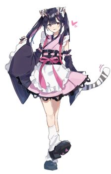 Rule 34 | 1boy, animal ear fluff, animal ears, arune (pixiv 123007831), black hair, black shoes, blunt bangs, cho kaguya-hime!, commentary request, crossdressing, crossdressing (mtf), detached sleeves, frilled kimono, frills, gradient horns, heart, highres, horns, japanese clothes, kimono, kimono dress, komazawa noi, long hair, long sleeves, looking at viewer, male focus, multicolored hair, multicolored horns, pink eyes, pink kimono, pink streaks, shoe soles, shoes, smile, socks, solo, streaked hair, tail, tiger ears, tiger tail, trap, twintails, white background, white socks, wide sleeves