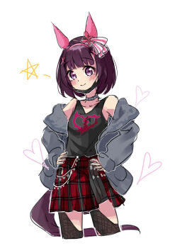 1girl absurdres alternate_costume animal_ears bare_shoulders black_shirt black_thighhighs blunt_bangs blush breasts brown_hair choker closed_mouth collarbone ear_covers ear_ornament grey_jacket hair_ornament hairband hands_on_own_hips heart highres horse_ears horse_girl horse_tail jacket looking_at_viewer morizu929 nishino_flower_(umamusume) open_clothes open_jacket pink_hairband plaid_clothes plaid_skirt purple_eyes red_skirt shirt short_hair skirt sleeveless sleeveless_shirt small_breasts smile star_(symbol) tail thighhighs umamusume x_hair_ornament