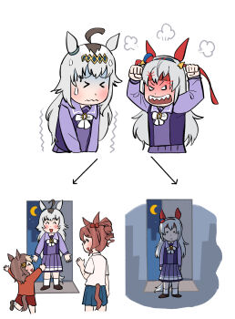 >_< 4girls :d ^_^ ahoge anger_vein angry_boss_with_happy_family_irasutoyas_(meme) animal_ears arms_up arrow_(symbol) belno_light_(umamusume) black_shoes blank_eyes blue_hairband blue_skirt blush bow brown_shirt clenched_hands closed_eyes closed_mouth comedic_sweatdrop crescent_moon dinoyhs grey_hair hairband headband highres horse_ears horse_girl horse_tail long_hair long_sleeves meme moon multicolored_hair multiple_girls norn_ace_(umamusume) oguri_cap_(umamusume) open_mouth pleated_skirt purple_shirt purple_skirt red_headband red_shorts school_uniform shirt shoes shorts skirt smile socks sweatdrop tail tamamo_cross_(umamusume) tracen_school_uniform trembling turn_pale two-tone_hair umamusume umamusume:_cinderella_gray very_long_hair wavy_mouth white_background white_bow white_hair white_shirt white_socks