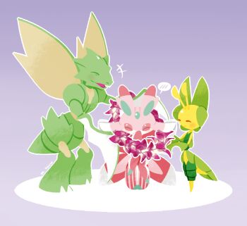 antennae artist_name blush closed_eyes dino_(tdino) flower flower_necklace full_body gen_1_pokemon gen_5_pokemon gen_7_pokemon happy holding jewelry leavanny lei lurantis necklace nintendo no_humans open_mouth orchid orchid_mantis pink_wings pokemon pokemon_(creature) pokemon_bw pokemon_rgby pokemon_sm purple_background purple_flower scyther signature simple_background smile text_focus wings yellow_wings