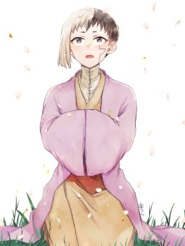 1boy 1girl aaa_uuun asagiri_gen asymmetrical_hair black_eyes black_hair dr._stone falling_petals grass hands_in_opposite_sleeves highres japanese_clothes kimono looking_up male_focus multicolored_hair open_mouth petals short_hair sitting solo split-color_hair two-tone_hair white_background white_hair yellow_kimono