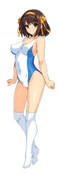 Rule 34 | 1girl, absurdres, breasts, brown eyes, brown hair, closed mouth, collarbone, commentary request, covered erect nipples, covered navel, cowboy shot, full body, hair ribbon, hairband, haruhisky, highres, large breasts, medium hair, one-piece swimsuit, over-kneehighs, ribbon, simple background, smile, solo, standing, suzumiya haruhi, suzumiya haruhi no yuuutsu, swimsuit, thighhighs, thighs, variant set, white background, white one-piece swimsuit, yellow hairband, yellow ribbon