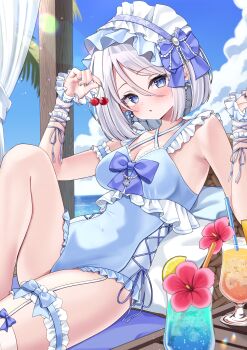 1girl absurdres beach beach_chair blue_bow blue_eyes blue_one-piece_swimsuit blue_sky blush bow breasts casual_one-piece_swimsuit cherry cloud covered_navel cup drinking_glass drinking_straw earrings flower food frills fruit garter_straps grey_hair hair_between_eyes hair_bow headdress highres holding ice ice_cube jewelry lemon lemon_slice looking_at_viewer medium_breasts natsuk1tom ocean one-piece_swimsuit original outdoors palm_tree parted_lips pillow short_hair single_thighhigh sitting sky solo swimsuit thigh_strap thighhighs tree tropical_drink water white_thighhighs