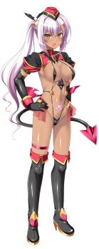 1girl aoi_masami asamiya_minami black_gloves blush boots breasts corruption covered_erect_nipples dark-skinned_female dark_persona dark_skin demon_girl demon_tail demon_wings elbow_gloves full_body game_cg gloves hair_ornament hand_on_own_hip hat high_heels highres large_breasts large_variant_set long_hair looking_at_viewer navel non-web_source official_art open_mouth pubic_tattoo purple_hair revealing_clothes shiny_skin side_ponytail slave_gear_(tsmg_nao!) slave_ignis slingshot_swimsuit solo standing swimsuit tachi-e tail tan tattoo thigh_boots thigh_strap thighhighs transparent_background ts_magical_girl_nao variant_set wings yellow_eyes