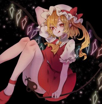 1girl ascot blonde_hair crystal crystal_wings flandre_day flandre_scarlet full_body hat hat_ribbon highres laevatein_(touhou) mob_cap multicolored_wings neon_(co2co8) night night_sky one_side_up red_eyes red_skirt red_vest ribbon side_ponytail skirt skirt_set sky solo star_(sky) starry_sky tongue tongue_out touhou vest white_hat wings yellow_ascot
