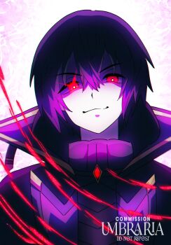 Rule 34 | 1boy, artist name, cid kagenou, cid kagenou (shadow), coat, commentary, commission, glowing, glowing eye, hair between eyes, highres, kage no jitsuryokusha ni naritakute!, male focus, pink background, portrait, purple coat, purple hair, red eyes, smile, solo, umbra (edits umbra), watermark