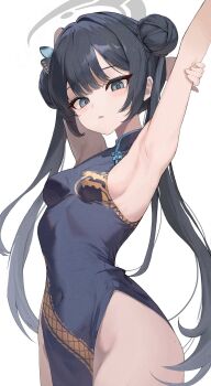 arm_up armpits black_dress black_hair blue_archive braid braided_bun breasts butterfly_hair_ornament china_dress chinese_clothes cowboy_shot double_bun dragon_print dress grey_eyes grey_halo hair_bun hair_ornament halo hand_on_own_arm hashtag-only_commentary highres kisaki_(blue_archive) looking_at_viewer pelvic_curtain print_dress sideboob siya_je sleeveless sleeveless_dress small_breasts solo white_background