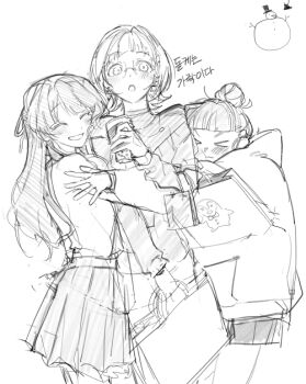 Rule 34 | > <, 3girls, :d, ^ ^, bag, closed eyes, cowboy shot, cup, disposable coffee cup, disposable cup, dollchestra, elbow carry, eunonda, flipped hair, glasses, greyscale, grin, group hug, hair bun, half updo, holding, holding cup, hood, hood down, hoodie, hug, kachimachi kosuzu, link! like! love live!, long hair, long sleeves, love live!, miniskirt, monochrome, multiple girls, murano sayaka, open mouth, pleated skirt, shopping bag, simple background, single hair bun, skirt, smile, suspender skirt, suspenders, sweater, translation request, turtleneck, turtleneck sweater, v-shaped eyebrows, virtual youtuber, white background, wide-eyed, yugiri tsuzuri