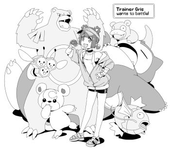 Rule 34 | 1girl, animal ears, antennae, arm up, bare shoulders, bear ears, bike shorts, blunt bangs, blunt sidelocks, breasts, character name, claws, closed eyes, collarbone, combee, commentary, contrapposto, covering own mouth, dot nose, double-parted bangs, english commentary, english text, eyebrows hidden by hair, fang, fangs, flying, gen 1 pokemon, gen 2 pokemon, gen 4 pokemon, gloves, go! go! gris!, greyscale, grin, gris (go! go! gris!), hand on own hip, highres, holding, holding poke ball, hood, hoodie, leaning forward, long sleeves, looking at viewer, low ponytail, lying, magikarp, monochrome, narrowed eyes, nintendo, off shoulder, on back, open mouth, original, partially unzipped, poke ball, poke ball (basic), pokemon, pokemon (creature), ponytail, sandals, short hair, short shorts, shorts, sidelocks, simple background, slowpoke, small breasts, smile, snorlax, standing, standing on one leg, tank top, teddiursa, ursaring, v-shaped eyebrows, vertigris, visor cap, whiskers, white background, zipper pull tab