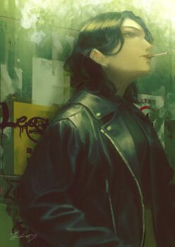 1girl barbell_piercing black_hair black_jacket black_shirt breasts cigarette commentary doloyume ear_piercing earrings english_commentary graffiti highres industrial_piercing jacket jewelry leather leather_jacket long_sleeves medium_breasts mouth_hold multiple_earrings no_smoking original piercing profile shirt signature smoke smoke_trail smoking solo unzipped upper_body urban wolf_cut zipper