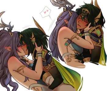 2girls antlers black_gloves blue_nails blush claws closed_eyes closed_mouth commentary ear_blush elbow_gloves english_commentary french_kiss genshin_impact gloves green_hair hand_on_another&#039;s_waist heart highres horns kiss lauma_(genshin_impact) medium_hair mole mole_under_eye multiple_girls nefer_(genshin_impact) pointy_ears ponytail purple_hair simple_background spoken_heart white_background wiistef yuri