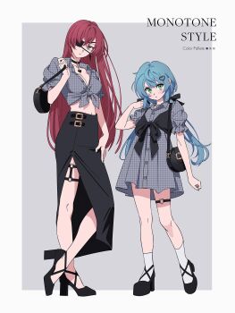 2girls ankle_socks bag bare_arms black_bag black_bow black_choker black_footwear black_skirt black_vest blue_hair border bow buttons choker clenched_hand collared_dress commentary_request commission crop_top cropped_shirt cross-laced_footwear dress english_text eyelashes eyepatch fashion fingernails frilled_sleeves frills front-tie_top frown full_body green_eyes grey_background grey_dress grey_shirt hair_bow hair_ornament hairclip hand_on_own_hip heart heart_choker heart_hair_ornament high-waist_skirt high_heels highres holding holding_bag knees light_blush long_hair long_skirt loose_hair_strand low_twintails midriff moya_(toatomoot) multiple_girls navel o-ring o-ring_thigh_strap orange_eyes original plaid_clothes plaid_dress platform_shoes pleated_dress puffy_short_sleeves puffy_sleeves pumps red_hair shirt short_dress short_sleeves shoulder_bag side_slit skeb_commission skirt socks standing straight_hair strappy_heels thigh_strap twintails unmoving_pattern very_long_hair vest white_border white_shirt