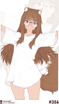 1girl absurdres animal_ear_fluff animal_ears artist_name bespectacled brown_hair commentary english_commentary glasses grin highres holo likunea long_hair looking_at_viewer parted_lips patreon_logo patreon_username red_eyes round_eyewear shirt short_sleeves sidelocks smile spice_and_wolf tail twitter_username twitter_x_logo white_shirt wolf_ears wolf_girl wolf_tail zoom_layer