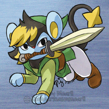 Rule 34 | artist name, black fur, blue fur, boots, brown boots, clothed pokemon, cosplay, crossover, gen 4 pokemon, green hat, green shirt, hat, holding, holding sword, holding weapon, link, looking at viewer, luxio, mouth hold, nintendo, no humans, pokemon, pokemon (creature), shirt, solo, sugarmasonmearii, sword, tail, the legend of zelda, toon link, toon link (cosplay), two-tone fur, weapon