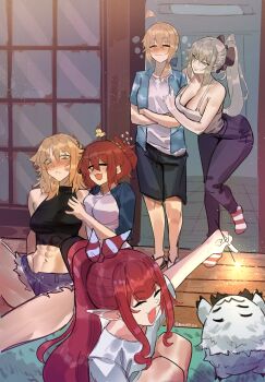 5girls abs absurdres ahoge artoria_pendragon_(fate) baobhan_sith_(fate) blonde_hair blue_eyes blush breasts cernunnos_(fate) cleavage closed_eyes commentary crossed_arms cutoffs deccatezu denim denim_shorts english_commentary fang fate/grand_order fate_(series) fujimaru_ritsuka_(female) green_eyes grey_hair hair_between_eyes highres large_breasts medium_breasts mordred_(fate) morgan_le_fay_(fate) mother_and_daughter multiple_girls navel open_mouth orange_hair pants pointy_ears ponytail red_hair saber_(fate) sandals short_shorts shorts siblings sisters smile socks twitter_username yuri