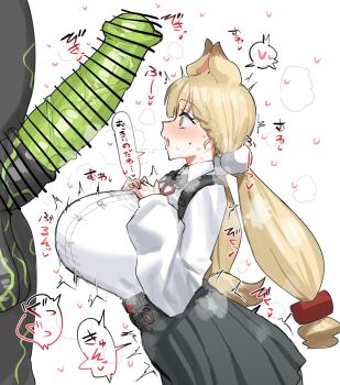 1boy 1girl alice_thymefield animal_ears animal_penis bar_censor belt bestiality black_belt black_skirt blonde_hair blush braid breasts brown_eyes censored collared_shirt commentary cowboy_shot erection ethereal_(zenless_zone_zero) gigantic_penis green_penis hair_ornament hands_up heart hetero highres horn/wood horse_penis huge_breasts interspecies long_hair long_sleeves looking_at_penis open_mouth penis penis_awe pleated_skirt rabbit_ears rabbit_girl rabbit_tail shirt skirt sound_effects speech_bubble sphere_hair_ornament symbol-only_commentary twintails veins veiny_penis very_long_hair womb_twitch zenless_zone_zero
