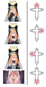 Rule 34 | 1girl, absurdres, animal ear headwear, animal ears, ashiba, blue archive, blush, body writing, censored, closed eyes, closed mouth, clothes lift, coif, dildo, dildo reveal, dildo under clothes, dildo under panties, dress, dress lift, fake animal ears, female pervert, flower, groin, habit, hair flower, hair ornament, hairband, halo, heart, heart censor, heavy breathing, highleg, highleg panties, highres, lifting own clothes, long hair, looking at viewer, mari (blue archive), multiple views, nun, object insertion, open mouth, orange hair, panties, pervert, pussy juice, restroom symbol, sex toy, sign of the cross, standing, translation request, underwear, vaginal, vaginal object insertion, vibrator, vibrator under clothes, vibrator under panties, white flower, yellow halo