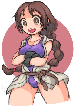 1girl absurdres braid braided_ponytail breasts brown_eyes brown_hair female_focus highres large_breasts long_hair okeratan pale_skin ponytail the_king_of_fighters thick_thighs thighs wide_hips yuri_sakazaki