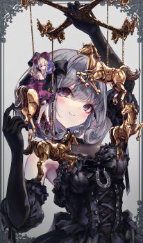 Rule 34 | 1girl, black bow, black dress, black gloves, blush, bobby socks, bonnet, bow, breasts, carousel, cleavage, closed mouth, commentary request, doll, dress, elbow gloves, frilled dress, frills, gloves, gothic lolita, grey hair, hair bow, highres, horse, horseshoe ornament, lace, lace-trimmed dress, lace trim, lolita fashion, mary janes, medium breasts, missile228, original, purple dress, purple eyes, purple shoes, shoes, smile, socks, white socks