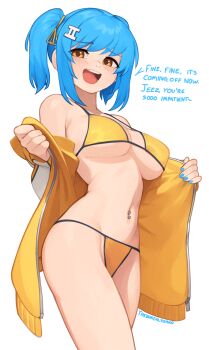 adversarial_noise bare_shoulders bikini blue_hair blush borrowed_character breasts cleavage covered_erect_nipples english_text from_below from_side highres ii_(peps_art) jacket large_breasts looking_at_viewer lowleg lowleg_bikini navel navel_piercing open_clothes open_jacket open_mouth original paid_reward_available piercing simple_background smile swept_bangs swimsuit twintails twitter_strip_game underboob undressing white_background yellow_bikini yellow_eyes yoako