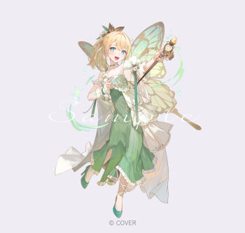 Rule 34 | 1girl, :d, aqua eyes, armband, blonde hair, choker, commentary request, copyright name, crossed bangs, detached sleeves, double-parted bangs, dress, frilled dress, frills, full body, green choker, green dress, green nails, green shoes, grey background, hair between eyes, hair flaps, holding, holding wand, hololive, kazama iroha, kobuta, looking at viewer, nail polish, official art, open mouth, outstretched arm, ponytail, ribbed dress, sample watermark, shoes, short sleeves, simple background, single detached sleeve, single strap, single wrist cuff, smile, solo, virtual youtuber, wand, watermark, wrist cuffs