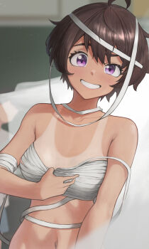 1girl absurdres ahoge bandages blush brown_hair dark-skinned_female dark_skin eyelashes highres make_heroine_ga_oo_sugiru! mummy_costume naked_bandage navel purple_eyes short_hair smile solo stomach tan tanline teeth user_vscy2738 very_short_hair yakishio_lemon