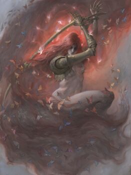 1girl absurdly_long_hair amputee breasts bug butterfly commentary curtained_hair elden_ring facing_viewer floating_hair golden_sword grey_background highres holding holding_sword holding_weapon incoming_attack insect jectom19999 leg_up long_hair malenia_blade_of_miquella malenia_goddess_of_rot mechanical_arms navel nude prosthesis prosthetic_arm red_hair small_breasts solo sword topless_female very_long_hair weapon