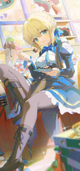 Rule 34 | 1girl, absurdres, ahoge, artoria pendragon (fate), black boots, black pantyhose, blonde hair, blue bow, blue bowtie, blue dress, boots, bow, bowtie, braid, closed mouth, coria, dress, eating, fate/stay night, fate/unlimited blade works, fate (series), food, food on face, fork, green eyes, high heel boots, high heels, highres, holding, holding fork, holding plate, honkai: star rail, honkai (series), ice cream cone, knee boots, long sleeves, looking at viewer, pantyhose, plate, saber (fate), saber (honkai: star rail) (fate), sitting, solo