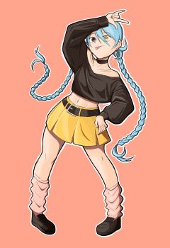 1girl :p \m/ ai_the_somnium_files ai_the_somnium_files:_nirvana_initiative alternate_costume arm_up belt black_belt black_choker black_eyes black_shirt black_shoes blue_hair braid choker fiiib full_body hand_on_own_hip heterochromia highres long_hair long_sleeves midriff navel okiura_mizuki outline pink_background pink_socks shirt shoes simple_background skirt socks solo standing tongue tongue_out twin_braids twintails very_long_hair white_outline yellow_eyes yellow_skirt