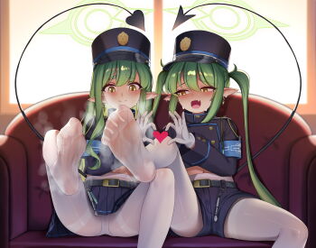 2girls absurdres armband belt belt_buckle black_belt black_hat black_jacket black_shorts black_skirt black_tail blue_archive blue_armband blush buckle buttons closed_mouth couch demon_girl demon_tail dot_nose earrings embarrassed fang feet furrowed_brow gloves green_hair green_halo hair_between_eyes half-closed_eyes halo hat heart heart_hands highres hikari_(blue_archive) jacket jewelry leg_up loli long_hair long_sleeves long_tail looking_at_another looking_at_viewer looking_down mimuxiao multiple_girls navel nozomi_(blue_archive) on_couch open_mouth panties panties_under_pantyhose pantyhose pantyhose_under_shorts pantyshot peaked_cap pleated_skirt pointy_ears shorts siblings sisters skin_fang skirt smile soles split_mouth spread_legs steam steamy_feet sweat sweatdrop tail thighband_pantyhose toes twins twintails underwear very_long_hair whistle white_gloves white_pantyhose window yellow_eyes