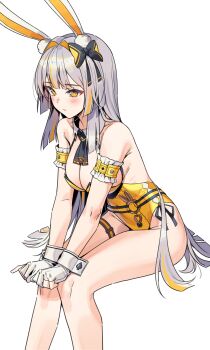 Rule 34 | 1girl, absurdres, animal ear fluff, animal ears, arm garter, bare legs, bare shoulders, belt, black survival, blush, bow, breasts, cleavage, closed mouth, covered navel, detached collar, eternal return: black survival, feet out of frame, gloves, hair bow, hair intakes, highleg, highleg leotard, highres, hop3, invisible chair, leotard, long hair, medium breasts, minami rio, minami rio (winning shot), multicolored hair, official alternate costume, partially fingerless gloves, playboy bunny, rabbit ears, side-tie leotard, simple background, sitting, solo, spaghetti strap, streaked hair, thigh strap, thighs, very long hair, white background, white gloves, white hair, wrist cuffs, yellow eyes, yellow leotard