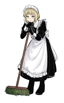 1boy alternate_costume apron axis_powers_hetalia back_bow black_boots black_dress black_gloves black_ribbon blonde_hair blue_eyes boots bow broom buttons closed_mouth collared_dress commentary_request crossdressing crossdressing_(mtf) dress empty_eyes enmaided frills full_body gloves half-closed_eyes hands_up highres holding holding_broom juliet_sleeves long_sleeves looking_at_viewer maid maid_headdress male_focus mi_aph_to neck_ribbon puffy_sleeves ribbon short_hair simple_background solo standing switzerland_(hetalia) white_apron white_background white_bow