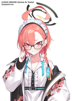 Rule 34 | 1girl, adjusting eyewear, ahoge, apron, aqua necktie, bespectacled, black-framed eyewear, black halo, black nails, blue archive, blush, bomber jacket, braid, collared shirt, delinquent, earrings, finger on eyewear, floral print jacket, glasses, halo, jacket, jewelry, looking at viewer, maid, maid headdress, mole, mole under eye, necktie, neru (blue archive), official art, orange hair, popqn, promotional art, red eyes, ribbon, shirt, side braid, solo, sweat, thick eyebrows, thick eyelashes, undone necktie, unhappy, zipper