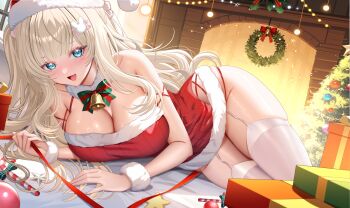 Rule 34 | 1girl, absurdres, bell, blonde hair, blondedaze, blue eyes, box, breasts, candy, candy cane, cheese art studio, christmas ornaments, christmas tree, cleavage, dress, fang, food, fur-trimmed dress, fur trim, gift, gift box, hair ornament, hat, highres, indie virtual youtuber, long hair, neck bell, open mouth, rabbit hair ornament, red dress, red hat, red ribbon, ribbed dress, ribbon, santa costume, santa dress, santa hat, second-party source, skin fang, solo, star (symbol), thighhighs, virtual youtuber, white thighhighs, wreath, ych commission