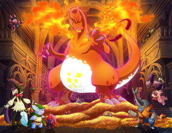 Rule 34 | aegislash, bow (weapon), cape, charizard, claws, closed mouth, clothed pokemon, commentary, dragon, dynamax, english commentary, falinks, fantasy, fiery wings, fire, flame-tipped tail, gen 1 pokemon, gen 2 pokemon, gen 3 pokemon, gen 6 pokemon, gen 8 pokemon, gigantamax, gigantamax charizard, gimmighoul, gimmighoul (chest), gligar, gold, green cape, green hat, hammer, hat, heracross, holding, holding bow (weapon), holding hammer, holding staff, holding weapon, honedge, hood, hood up, indoors, mega pokemon, mega sableye, meowscarada, nintendo, open mouth, pokemon, purple cape, purple hat, red clouds, sableye, scar, scar across eye, scar on face, smile, spidops, staff, tail, tarountula, thecalendork, tinkaton, wartortle, weapon, wings