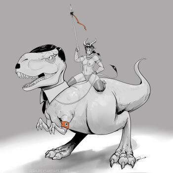 1girl adolf_hitler banner breasts closed_mouth commentary demon_girl english_commentary facial_hair fingerless_gloves fusion gloves grey_background hitlersaurus_rex holding holding_polearm holding_weapon horns izra medium_breasts mustache navel nipples original panties pointy_ears polearm ponytail riding signature smile spear spot_color swastika swept_bangs tail thighhighs toothbrush_mustache topless_female tyrannosaurus_rex underwear weapon what