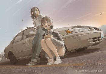 2girls black_shoes blue_pants car commentary commentary_request denim english_commentary evening food food_in_mouth french_fries jeans jettoburikku license_plate long_sleeves mixed-language_commentary motor_vehicle multiple_girls original pants shirt shoes short_sleeves squatting standing thighs toyota toyota_camry twilight united_states vehicle_focus vehicle_request white_shirt white_shoes