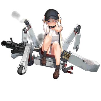 1girl black_hat black_socks black_vest blonde_hair blush breasts broken brown_shoes closed_mouth collar container embarrassed full_body girls'_frontline gun hair_between_eyes half-closed_eyes hat headwear_pull long_hair long_sleeves looking_at_viewer machine machine_gun medium_breasts mg3 mg3_(girls'_frontline) mg3_(visionary_of_the_future)_(girls'_frontline) object_request official_alternate_costume official_art panties pantyshot peaked_cap plaid_clothes plaid_skirt red_skirt shirt shoes sidelocks simple_background sitting skirt smoke socks solo third-party_source torn_clothes torn_shirt torn_sleeves touko_(kira2yue) transparent_background underwear very_long_hair vest weapon wet wet_clothes wet_shirt white_panties white_shirt wire