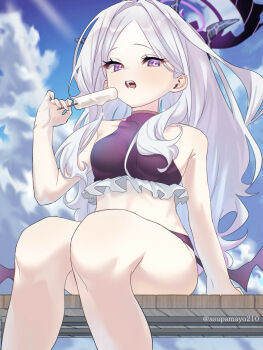 1girl alternate_breast_size_(larger) alternate_costume asupa_mayo0210 bikini black_halo blue_archive breasts cloud cloudy_sky day demon_horns demon_wings food grey_hair halo highres hina_(blue_archive) holding holding_food holding_ice_cream horns ice_cream long_hair looking_at_viewer medium_breasts open_mouth outdoors panties purple_bikini purple_eyes purple_panties sitting sky solo swimsuit thighs underwear very_long_hair wings