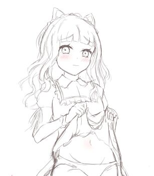 1girl animal_ears apron bairasu_02 blunt_bangs blush cat_ears clothes_lift collared_dress commentary_request cowboy_shot dress dress_lift frilled_apron frills groin highres juliet_sleeves kachimachi_kosuzu lifting_own_clothes link!_like!_love_live! long_hair long_sleeves looking_at_viewer love_live! maid maid_headdress navel nyan_nyan_nyan_fair_in_gamers panties puffy_sleeves raised_inner_eyebrows simple_background solo spot_color underwear unfinished virtual_youtuber white_background